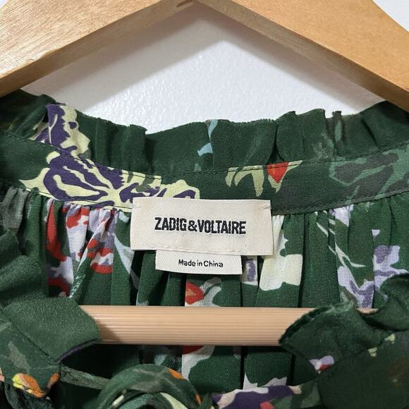 Zadig & Voltaire Theresa Floral Peasant Silk Blouse Size S Green Bloomcore - Picture 5 of 7